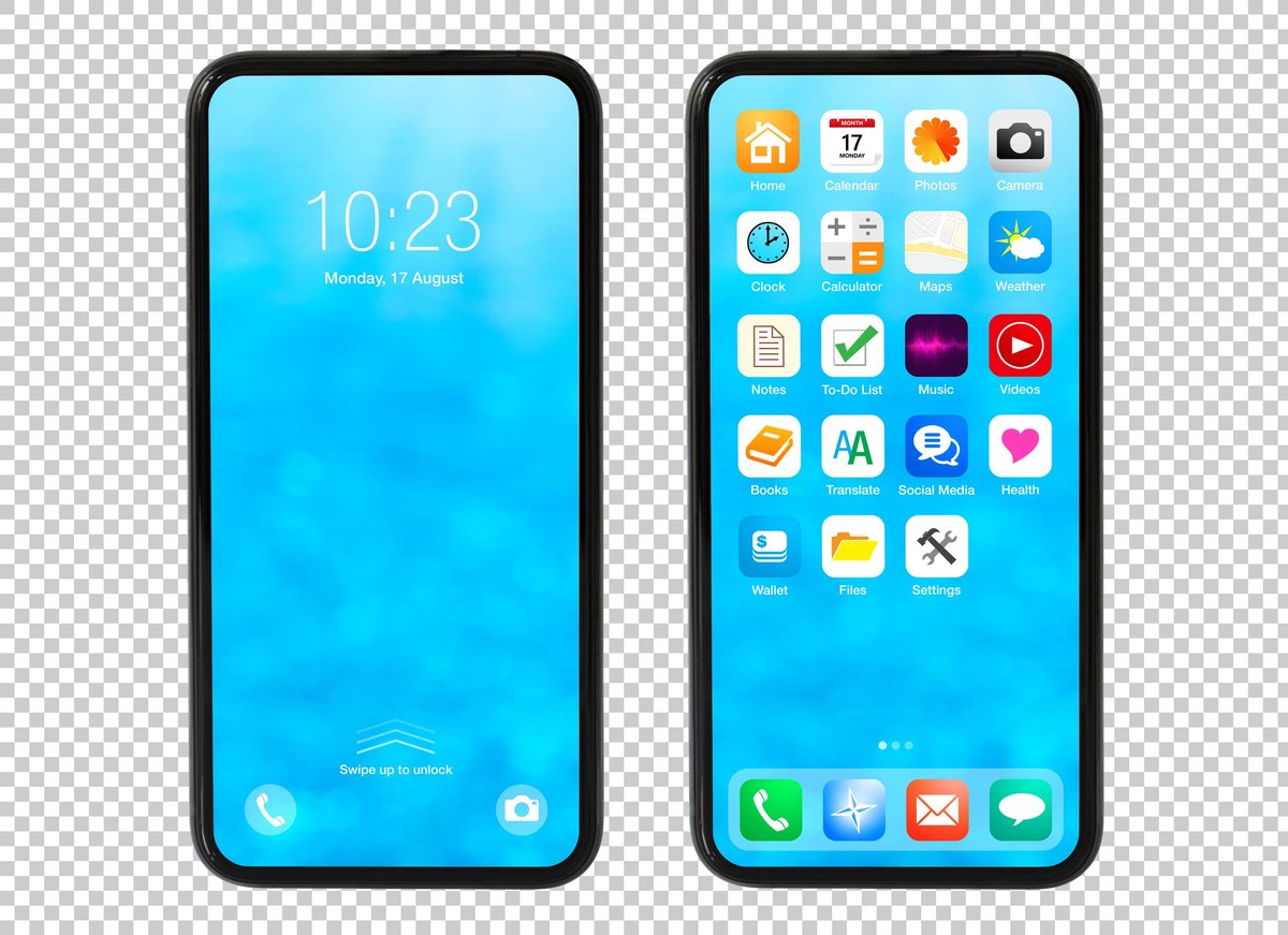Modern smart phone mockup with sample home screens showing app icons