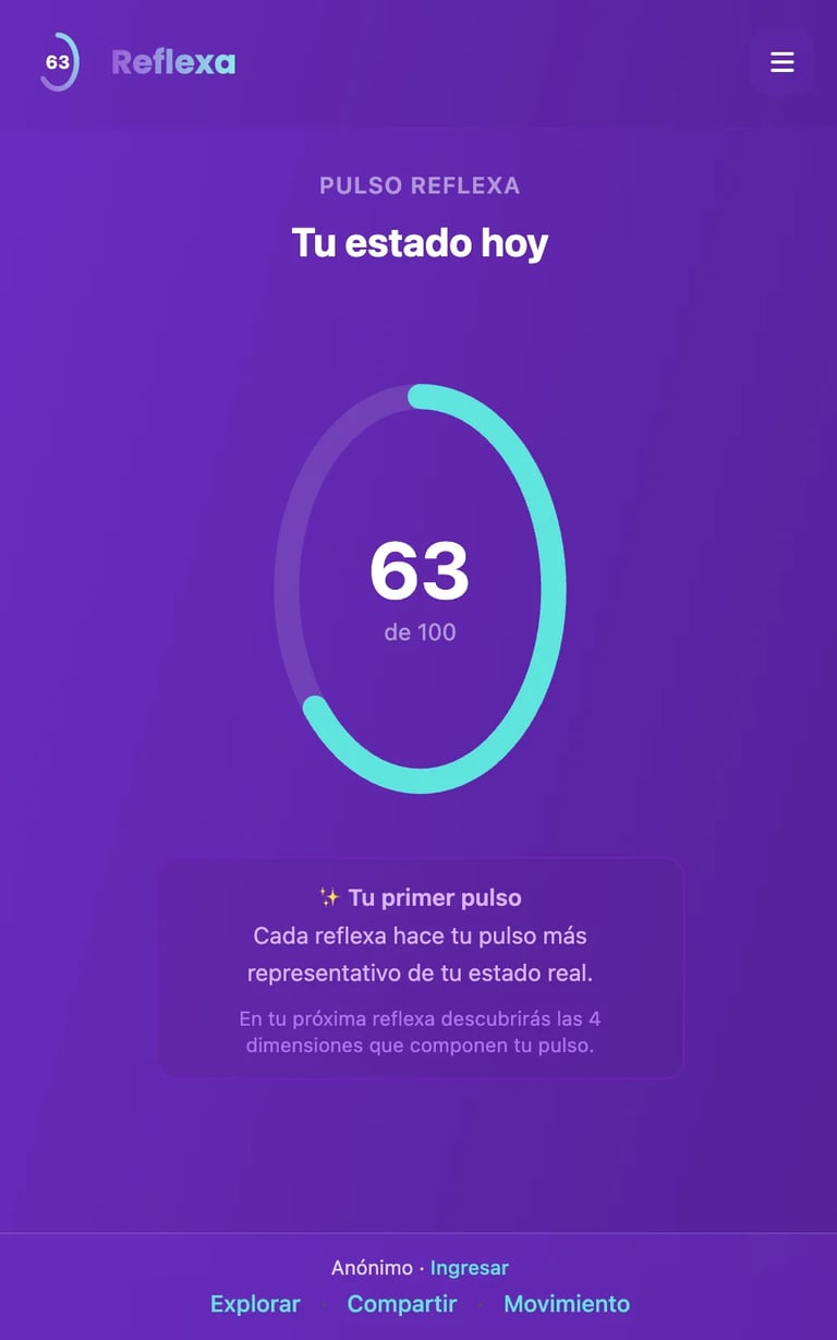 Reflexa app showing pulse score of 63 out of 100 on purple background with circular progress indicator