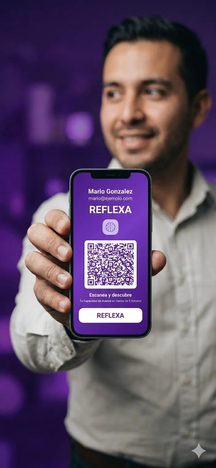 Man holding smartphone displaying REFLEXA digital business card with purple background and QR code