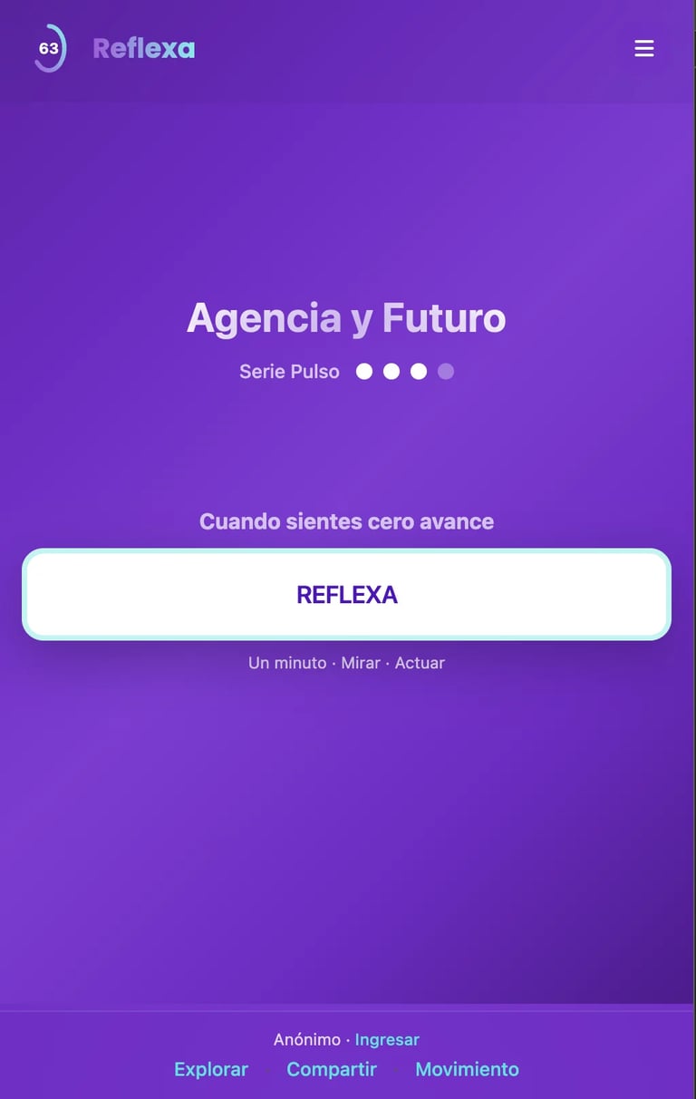 Reflexa app screen showing Agencia y Futuro presentation with purple gradient background and white action button